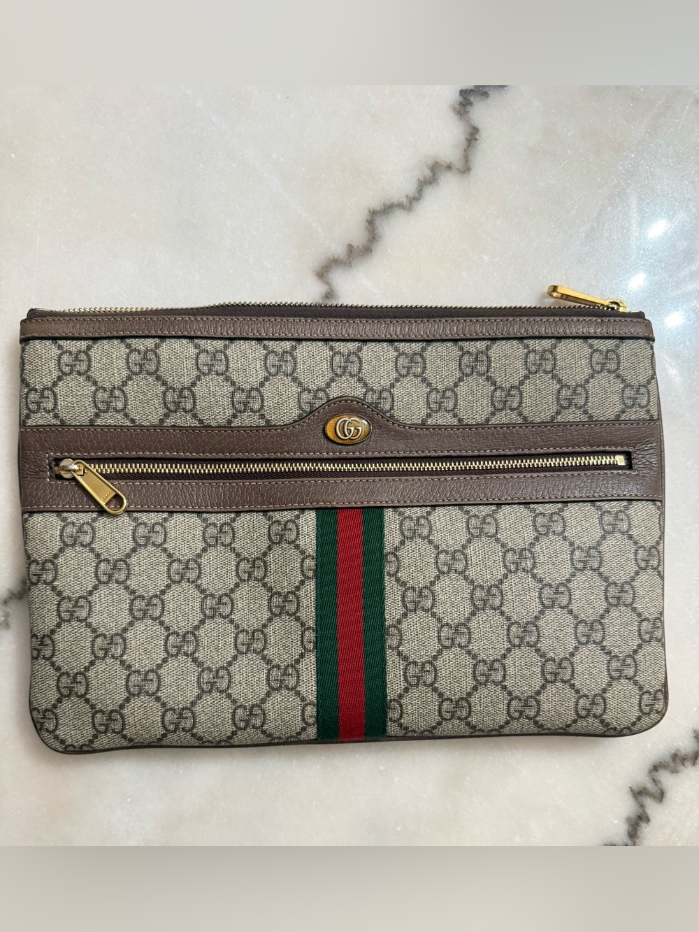 Gucci Beige GG Canvas Pouch with Green and Red Web
